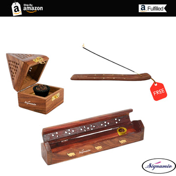 SIGNAMIO® 3 Pcs Premium Wooden Sambrani Dhoop & Incense Stick Agarbatti Holder Set