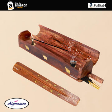 SIGNAMIO® 2pcs Wooden Horizontal Mini Agarbatti and Dhoop Holder Premium Incense Stick Stand with Ash Catcher for Pooja