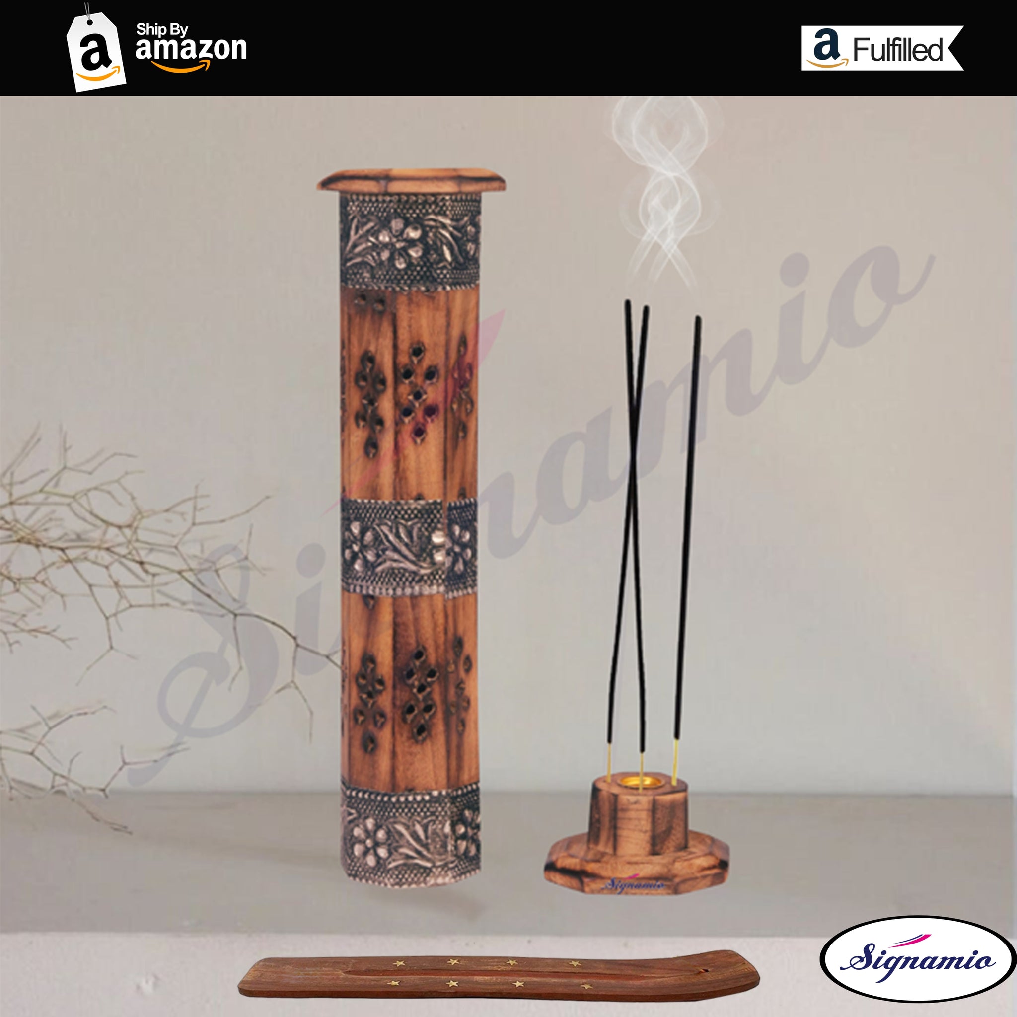 SIGNAMIO® 2pcs Tower Wooden Agarbatti Stand with Ash Catcher